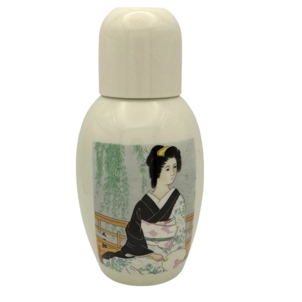 VTG Japanese Sake Bottle Cup Set Geisha Kimono Cream Traditional‎ Barware Japan